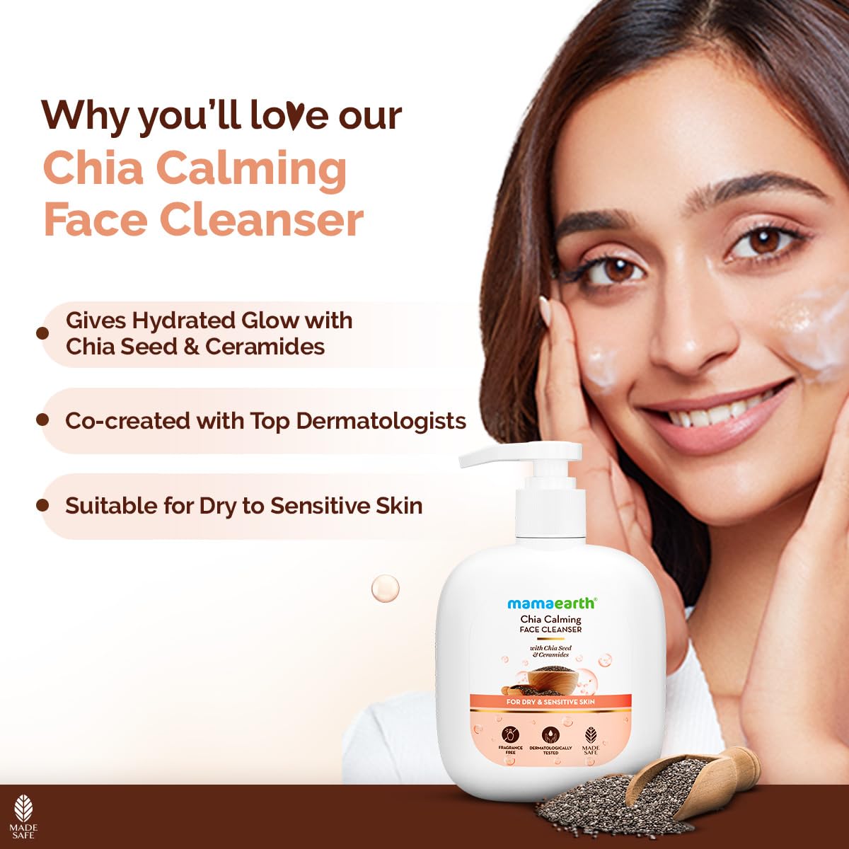 Mamaearth Chia Calming Face Cleanser With Chia Seed & Ceramides For Dry & Sensitive Skin - 180 Ml,Gives Hydrated Glow,Co-Created With Top Dermats,Non-Foaming,Cleanses Gently,Healthy Skin Barrier