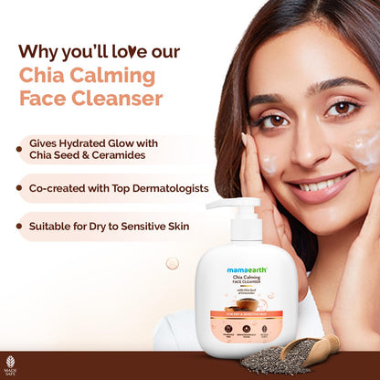 Mamaearth Chia Calming Face Cleanser With Chia Seed & Ceramides For Dry & Sensitive Skin - 180 Ml,Gives Hydrated Glow,Co-Created With Top Dermats,Non-Foaming,Cleanses Gently,Healthy Skin Barrier