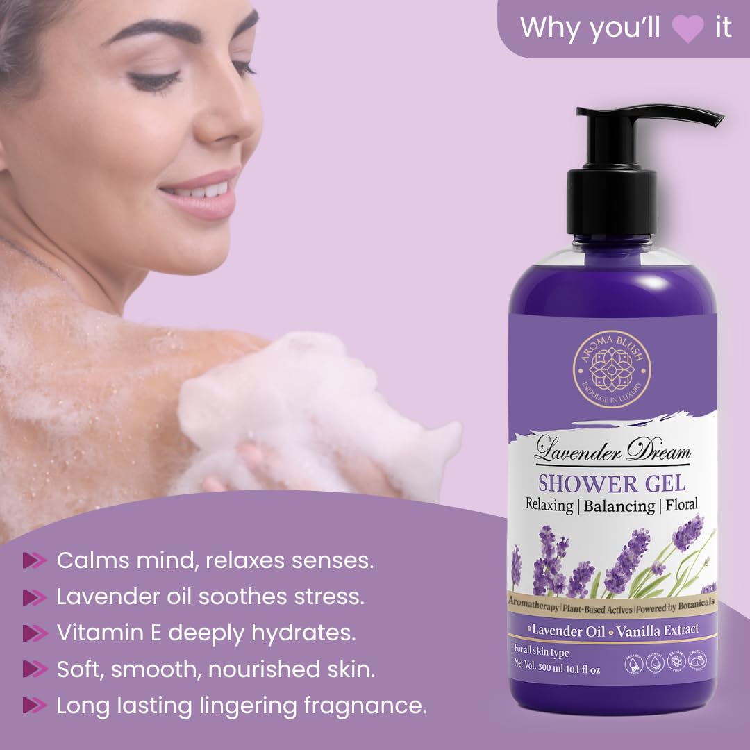 Woman with soap and a bottle of Lavender Dream Shower Gel on a purple background