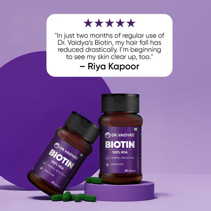 Dr. Vaidya’s Biotin Tablets for Hair Growth | Ayurvedic Hair Vitamins with Amla, Bhringraj & Bamboo Shoot | Natural Biotin Supplements for Hair Regrowth, Thinning Hair, Skin Glow & Stronger Nails (60 Tablets)