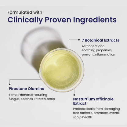 Jar of cream with text about clinically proven ingredients on a light gray background