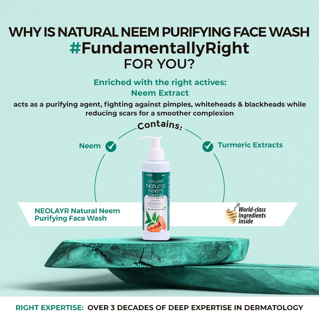 NEOLAYR Natural Neem Purifying Face Wash | With Neem & Turmeric Extracts | Prevents Pimples | Helps in Reducing Scars | Ideal for Acne Prone & Sensitive Skin - Added Moisturiser,200 ml