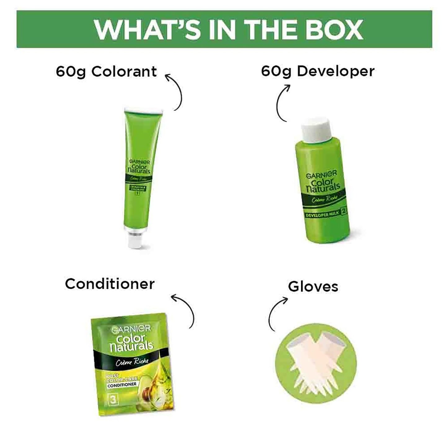 Garnier Color Naturals hair color kit with colorant, developer, conditioner, and gloves on a white background.