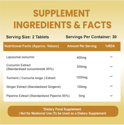 Vlado's Himalayan Organics Curcumin Tablets Supplement (1600mg+ / Serving ) and 95% Curcuminoids with Black Pepper & Piperine | Anti inflammatory Supplement for Men & Women | With Curcuma Longa, Turmeric & Ginger Root extract | 60 Veg Tablets