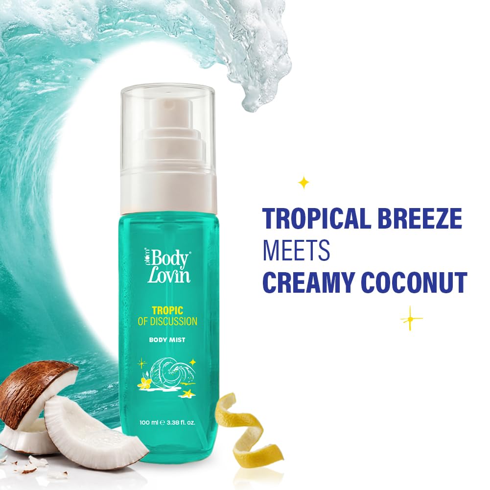 Plum BodyLovin’ Tropic Of Discussion Body Mist | Tropical Breeze Meets Creamy Coconut | Long-Lasting | Fresh Tropical Fragrance | With Notes Of Ozonic, Coconut & Gardenia |100 ml