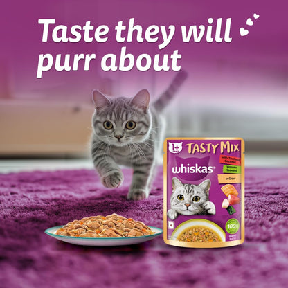 Whiskas Tasty Mix Adult (1+ year) Wet Cat Food, Seafood Cocktail Wakame Seaweed in Gravy, 70 g, Cat Food Made with Real Fish, Complete & Balanced Nutrition for Adult Cats