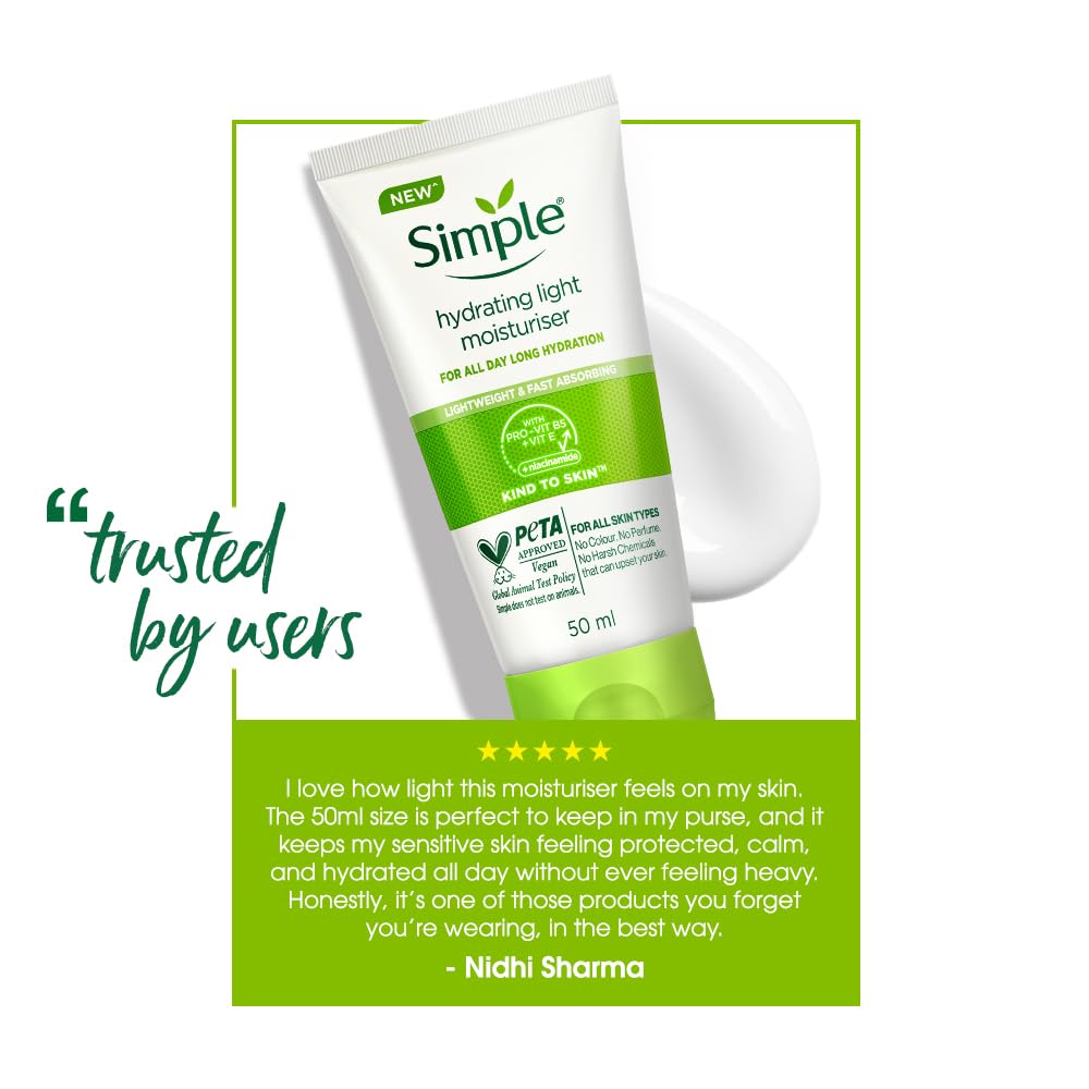 Simple hydrating light moisturizer tube with user review text on a white background