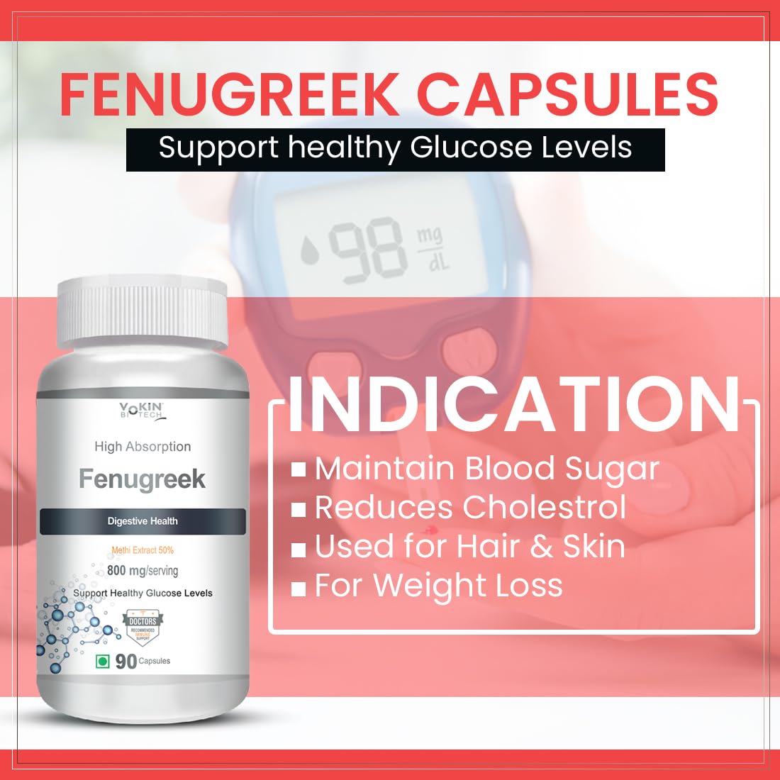 Fenugreek capsules with a blood sugar monitor in the background on a red and white background