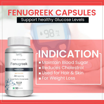 Fenugreek capsules with a blood sugar monitor in the background on a red and white background