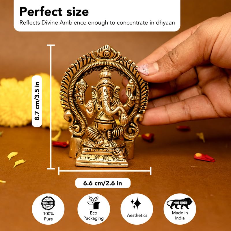 100% Pure Brass Ganesha Idol (Size: 8.7 cm) | Pital Ganesh Murti for Pooja Room, Home Decor, Office Desk and Car Dashboard | Vinayagar Statue for Diwali Puja