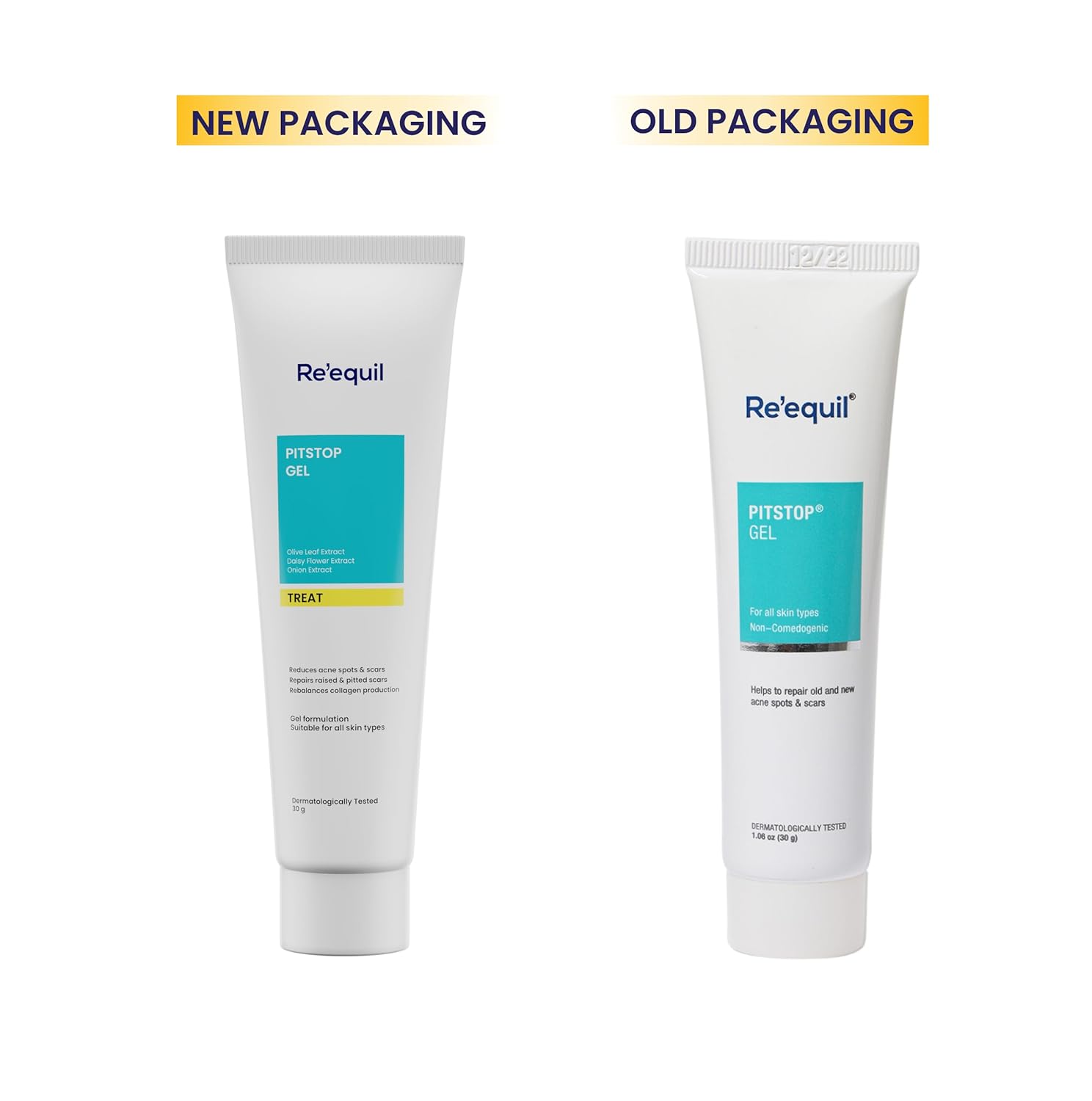 Two tubes of Re'equil PISTOP+ Gel, one with new packaging and one with old packaging, on a white background.