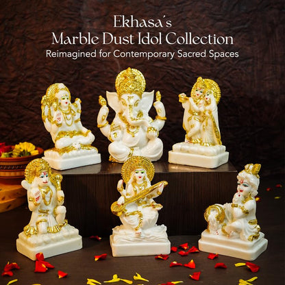 Aura Series Marble Dust Maa Saraswati Idol (5 inch) | Gold Plated Saraswati Maa Murti for Study Table, Pooja Room & Home Decor | Resin Saraswathi Devi Pital Idol | Saraswati Statue for Gifting