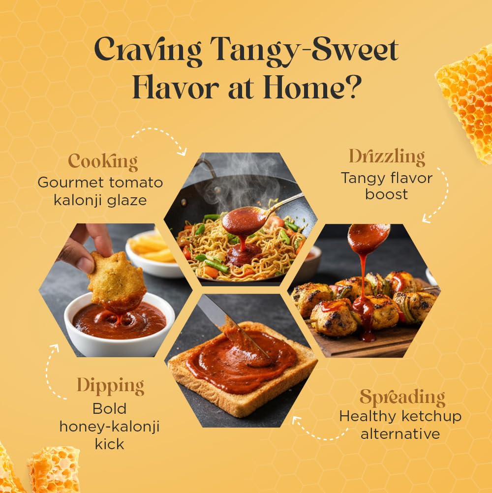 Hexhive Tomato Kalonji Honey Sauce | Tangy Tomato Spread with Raw Honey & Nigella Seeds | No Refined Sugar | Healthy Ketchup Alternative | Dip for Snacks, Parathas, Sandwiches, Fries | 430g