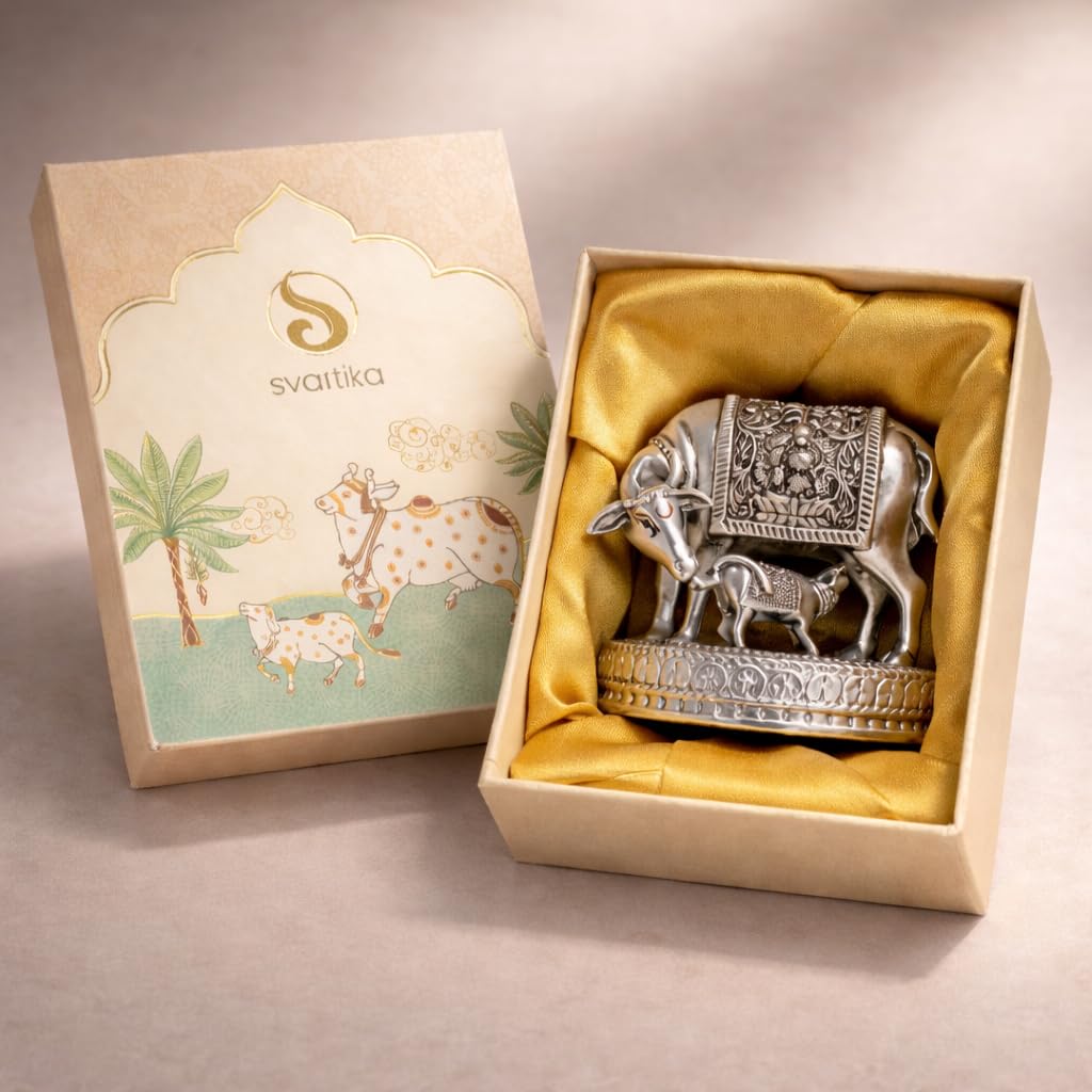 Svastika 999 Silver Plated Kamdhenu Cow with Calf Idol | 2.5 Inch Kamadhenu Gomatha Vastu Showpiece | Kaamdhenu Idol for Puja | Anniversary Wedding Housewarming Gift