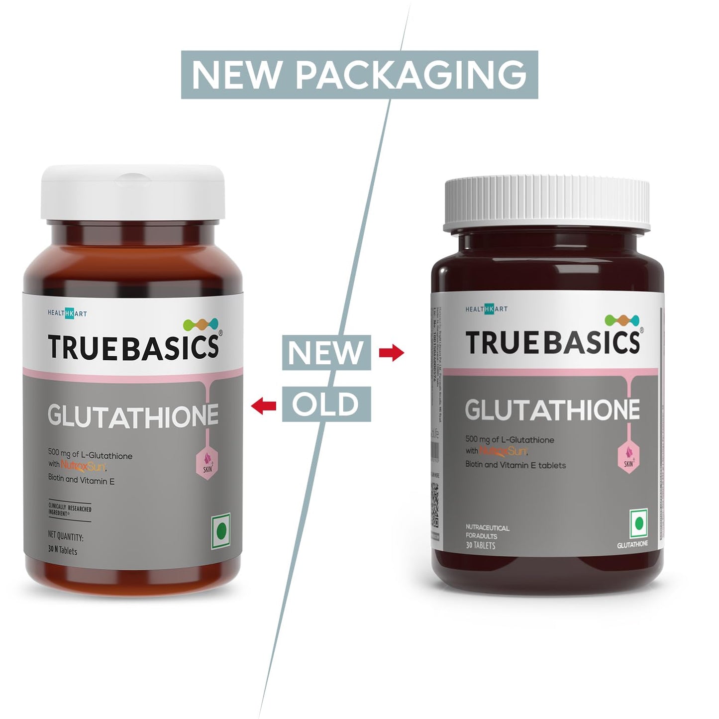 Comparison of TrueBasics Glutathione supplement bottles with new and old packaging on a white background.