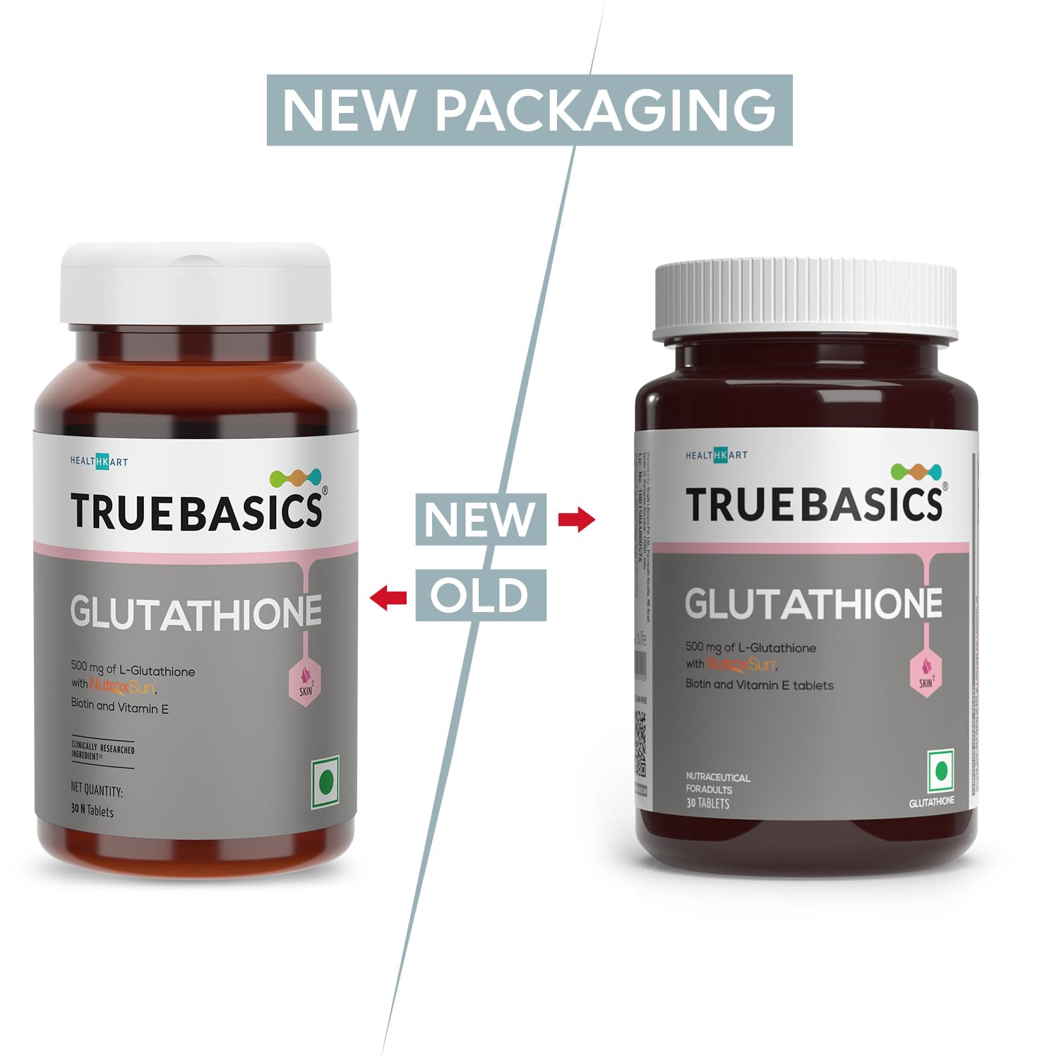 Comparison of TrueBasics Glutathione supplement bottles with new and old packaging on a white background.