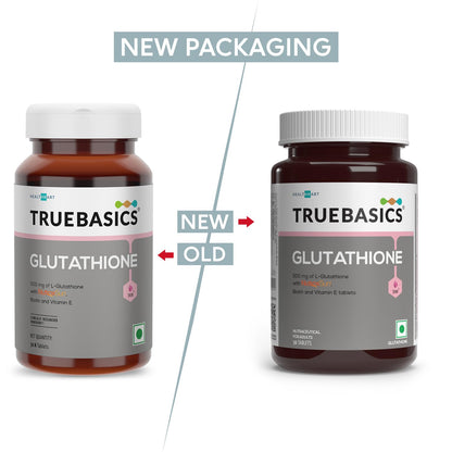Comparison of TrueBasics Glutathione supplement bottles with new and old packaging on a white background.