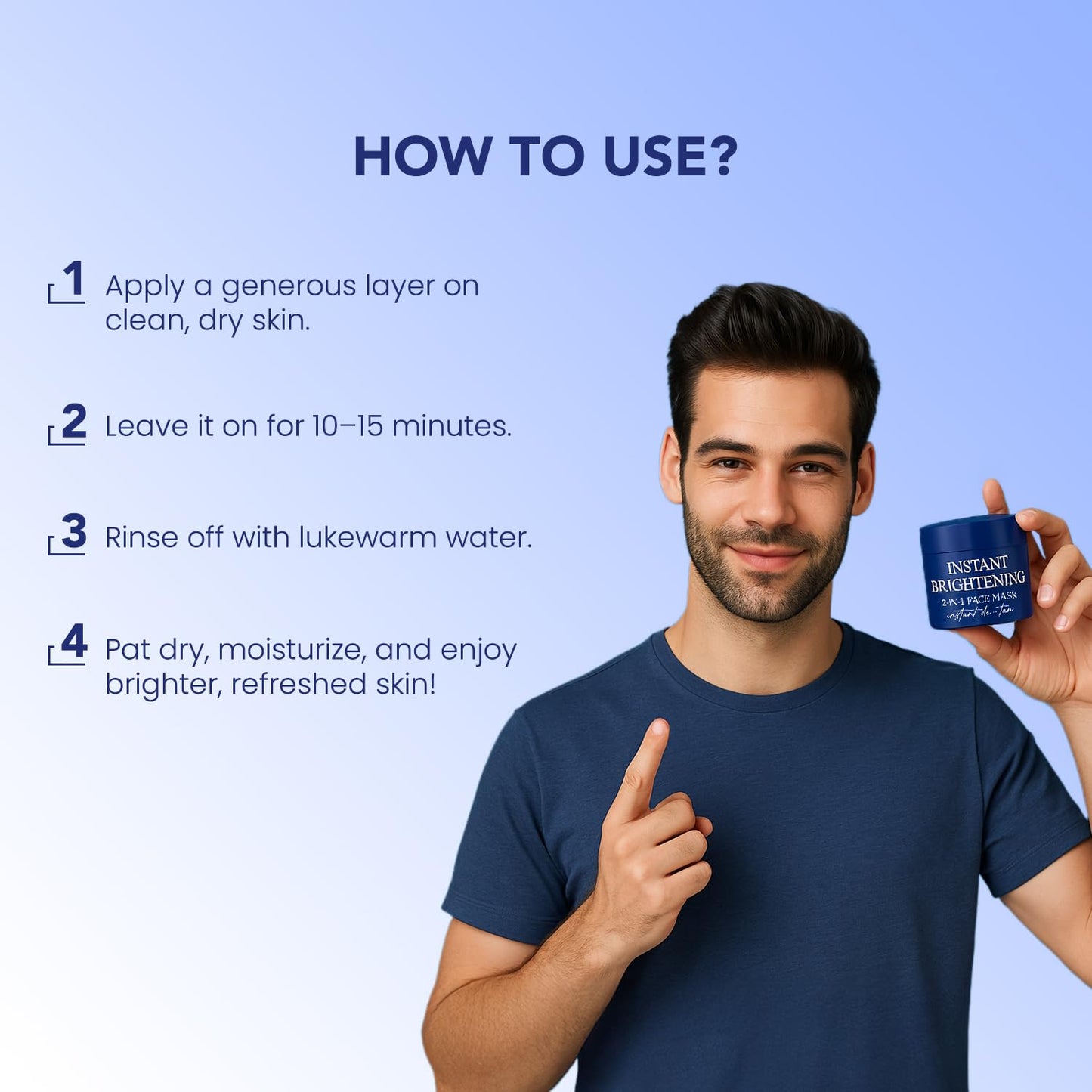 Man holding a skincare product with usage instructions on a blue background
