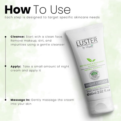 Luster Night Cream Revitalizing & Regenerist Intensive Made With Natural Vitamin – C | Night Cream For Women & Men | Overnight Repair | 100% Organic Acne-Prone Treatment - 60ml