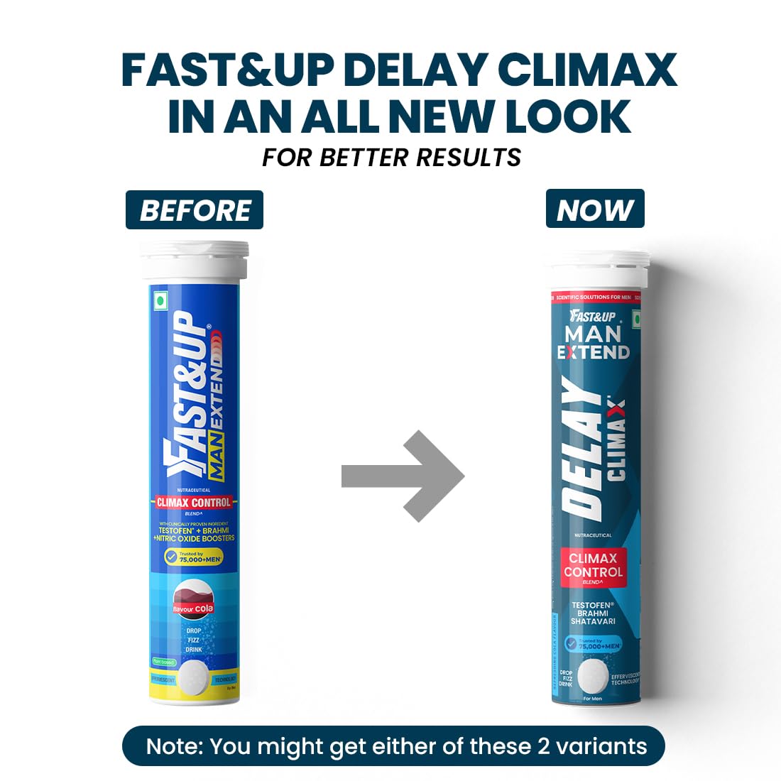 Fast&Up Man Extend | Testofen® Fenugreek Extract |Nitric Oxide Booster + Energizing Blend | Shatavari | Brahmi| Helps Improve Vitality & Stamina | Pack of 20 Effervescent (Cola Flavour)