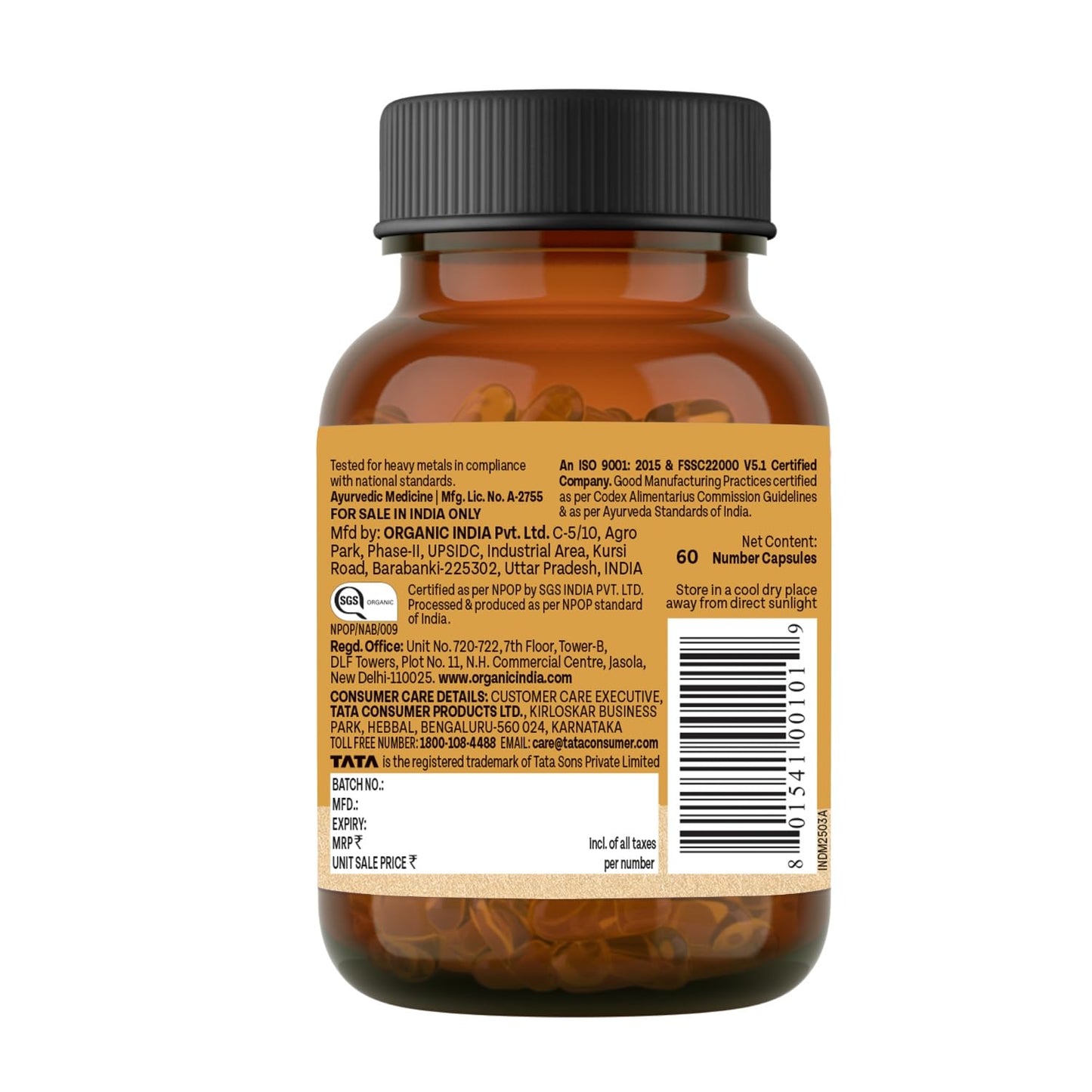 A TATA Product - Organic India Pure Ashwagandha Root Capsules - 60 Veg Caps (400mg), For Vitality & Relieves Stress, Naturally Boosts Energy & Stamina, Improves Immune System, GMP & NPOP Certified