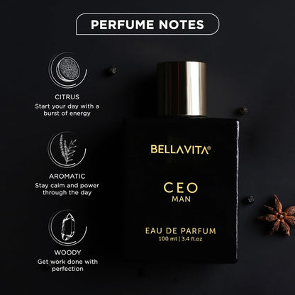 Bellavita CEO Man Eau de Parfum bottle with perfume notes on a dark background