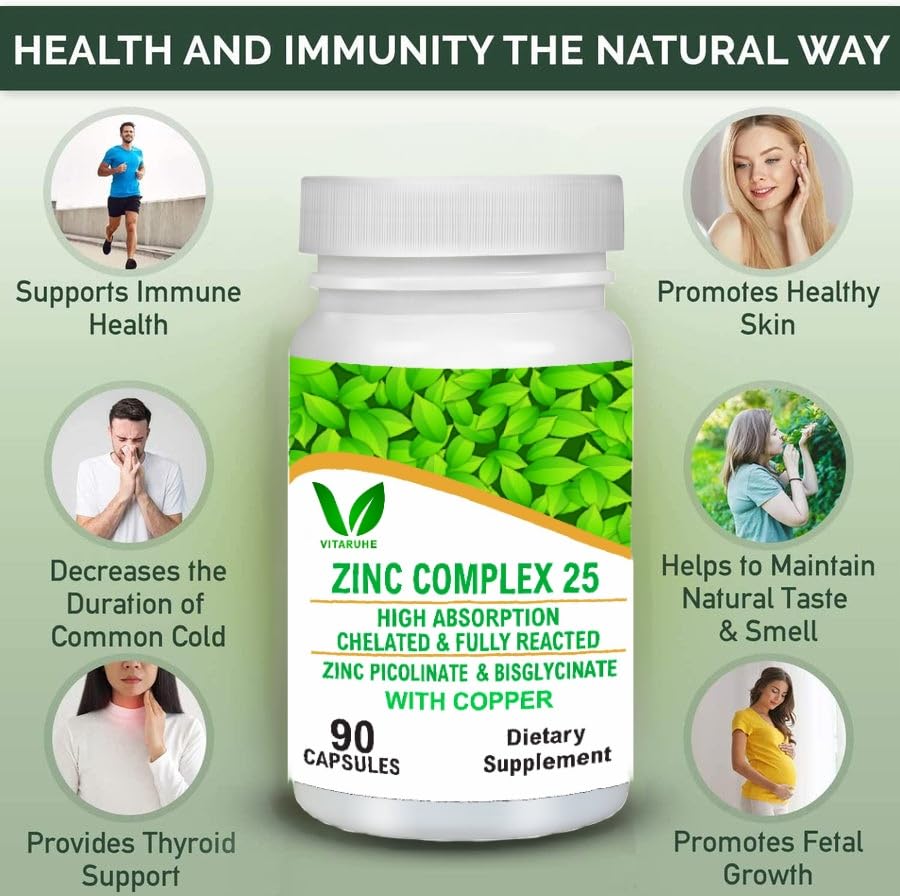 VITARUHE® Chelated Zinc Picolinate & Bisglycinate Complex with Copper, Zinc for Immune, Skin and Cellular Health, High Absorption, Non-GMO, 90 Capsules
