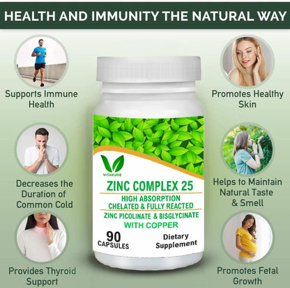 VITARUHE® Chelated Zinc Picolinate & Bisglycinate Complex with Copper, Zinc for Immune, Skin and Cellular Health, High Absorption, Non-GMO, 90 Capsules