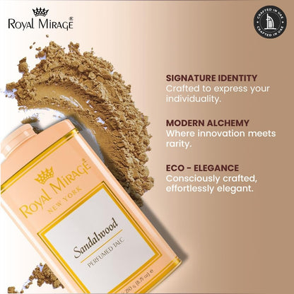 Royal Mirage Sandalwood Deodorizing Talc | Silky Soft & Fresh Skin | Jasmine, Sandalwood & Vanilla Notes | Perfumed Talc | Long-Lasting Comfort & Fragrance | Talcum Powder for Women | 250gm