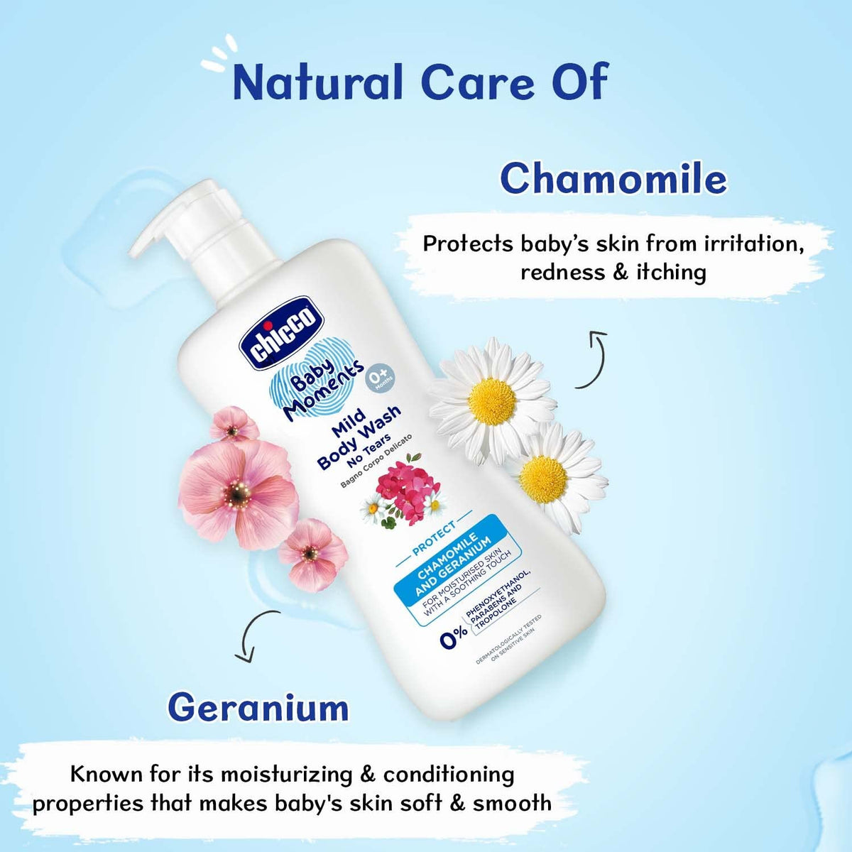 Chicco Baby Moments Mild Body Wash Protect, New Advanced Formula With Natural Ingredients, No Tears, Suitable For Babys Body Wash, No Phenoxyethanol And Parabens (500Ml)