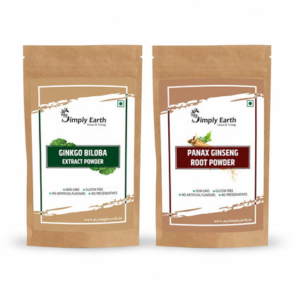 Simply Earth Cognitive Support Combo - Extra Strength Ginkgo Biloba (100g) & Red Panax Ginseng (100g) - Pure Organic Herbal Powder for Mental Clarity and Vitality