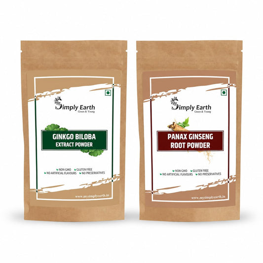 Simply Earth Cognitive Support Combo - Extra Strength Ginkgo Biloba (100g) & Red Panax Ginseng (100g) - Pure Organic Herbal Powder for Mental Clarity and Vitality