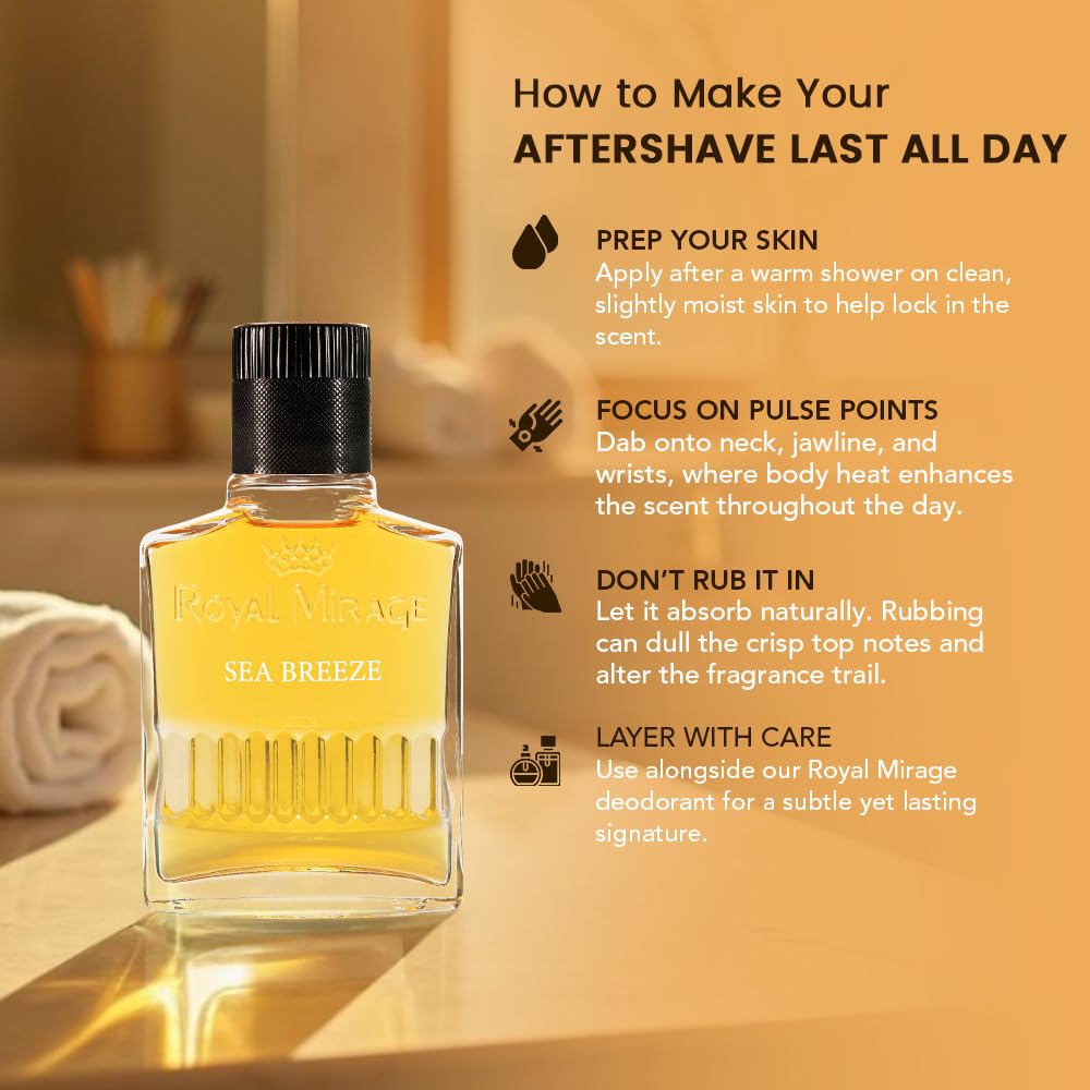 Aftershave bottle with usage tips on a warm-toned background