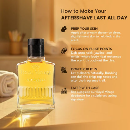Aftershave bottle with usage tips on a warm-toned background