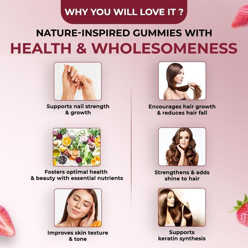 Advertisement for nature-inspired gummies with health and wholesomeness benefits on a pink background.