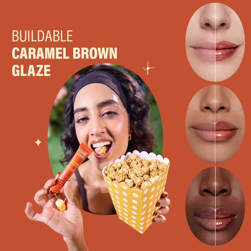 Plum BodyLovin’ Popcorn N' Pilates Glassic Lip Balm | Caramel Brown Gloss Tint | Hydrating Lip Balm with Hazelnut Oil, Ceramides & Hyaluronic Acid | Moisturizes Dry & Chapped Lips | 10 g
