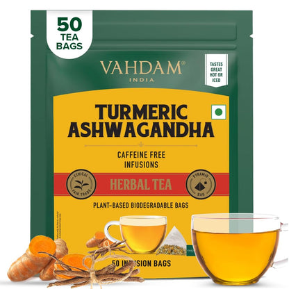 VAHDAM Turmeric Ashwagandha Herbal Tea - 50 Tea Bags | Fights Inflammation, Reduces Stress & Boosts Energy | 5-Herb Caffeine Free Blend | With Black Pepper, Lemongrass & Licorice