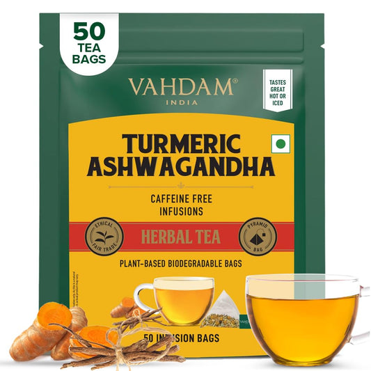 VAHDAM Turmeric Ashwagandha Herbal Tea - 50 Tea Bags | Fights Inflammation, Reduces Stress & Boosts Energy | 5-Herb Caffeine Free Blend | With Black Pepper, Lemongrass & Licorice