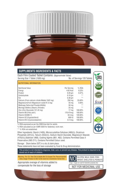 Supplement bottle with label showing ingredients and facts on a white background