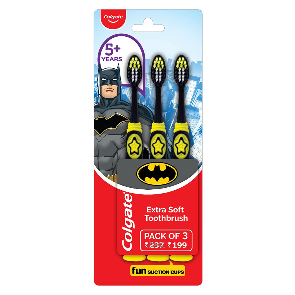 Colgate Kids Batman Manual Toothbrush(Pack of 3,Multicolor) & Colgate Batman Anticavity Toothpaste For Kids - 80g (Bubble Fruit Flavour)