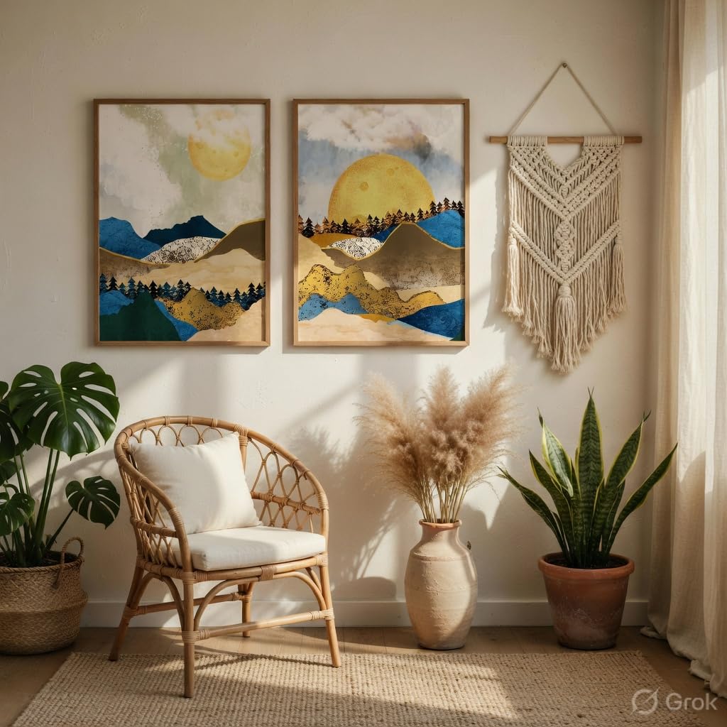 Abstract Mountain Landscape Wall Painting Set of 2 with Wooden Frames | Modern Sun Mountain Artwork HD Sparkle Laminated MDF Wall Decor | Nature Wall Art for Living Room