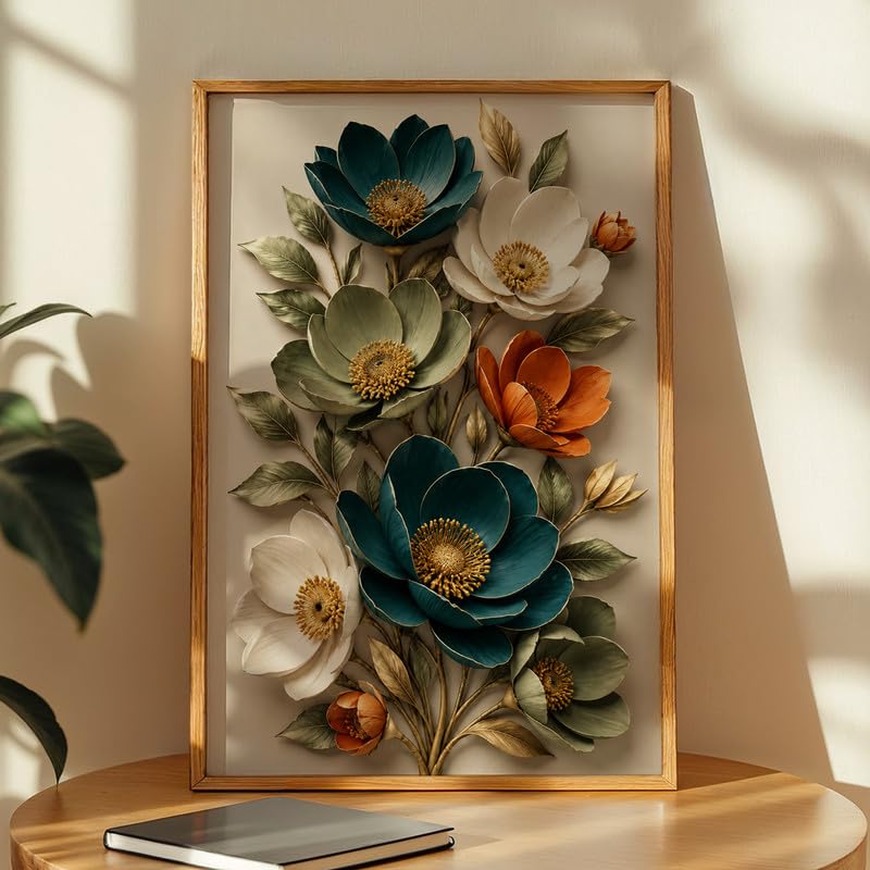 Floral Wall Painting with Frame Set of 1 | Premium Textured Teal White Orange Flower Artwork, Luxury Botanical Nature Wall Decor for Living Room, Bedroom, Office and Home Decoration (Art-3,10x13inch)