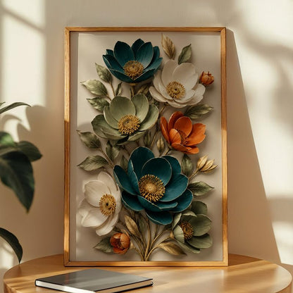 Floral Wall Painting with Frame Set of 1 | Premium Textured Teal White Orange Flower Artwork, Luxury Botanical Nature Wall Decor for Living Room, Bedroom, Office and Home Decoration (Art-3,10x13inch)