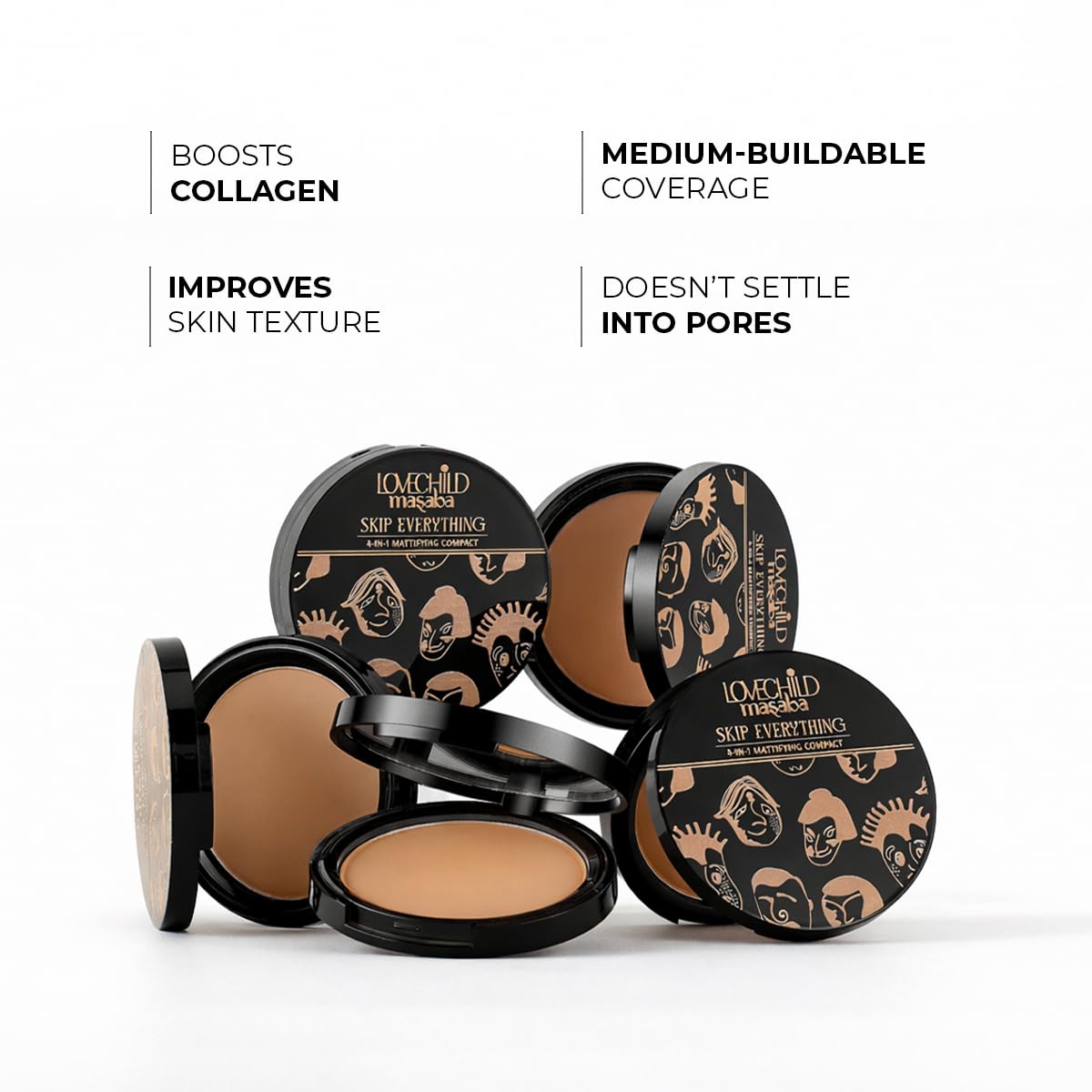 Lovechild Masaba Skip Everything Mattifying Compact Powder, Perfect Matte Finish, Oil Control, Pore Blurring & Skin Repair, Enriched with Vitamin E & Macadamia Oil, Moody Mama (Light) 9 g