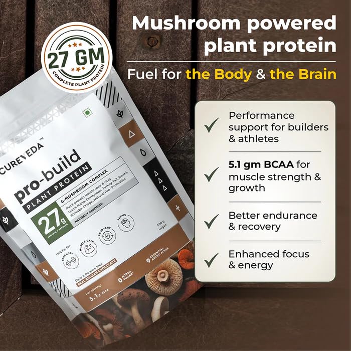 Protein powder package with text highlighting benefits on a wooden background