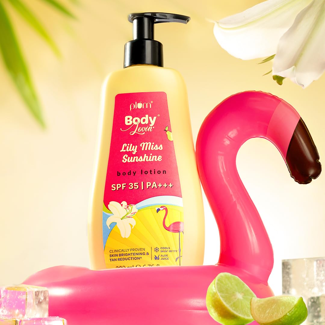 Plum BodyLovin' Lily Miss Sunshine SPF 35 PA+++ Sunscreen Body Lotion For Summers | No White Cast | Broad Spectrum UVA & UVB Protection | Aloe Juice Cools Skin by 1°| Hydrates Up to 72 Hours | Fruity Floral Fragrance - 200ml