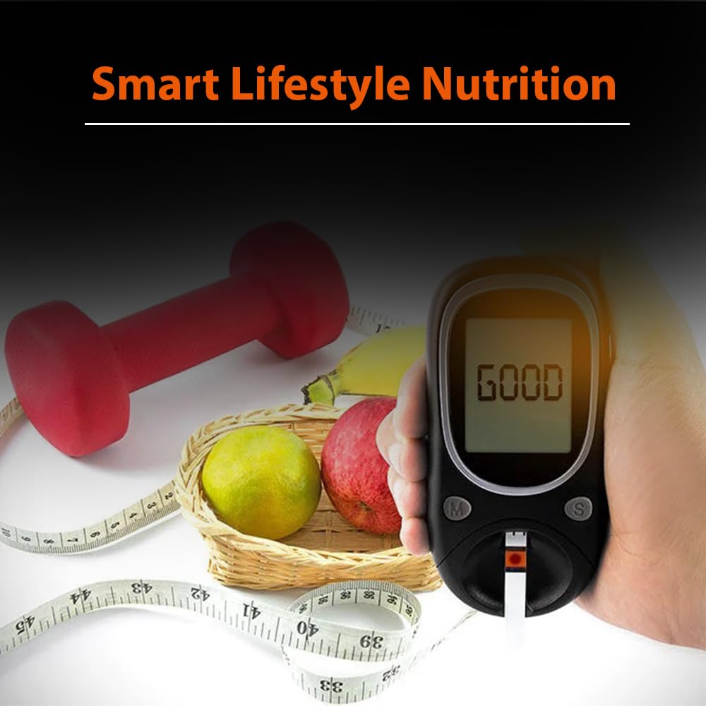 Hand holding a glucose meter with dumbbells, fruits, and measuring tape on a white background.