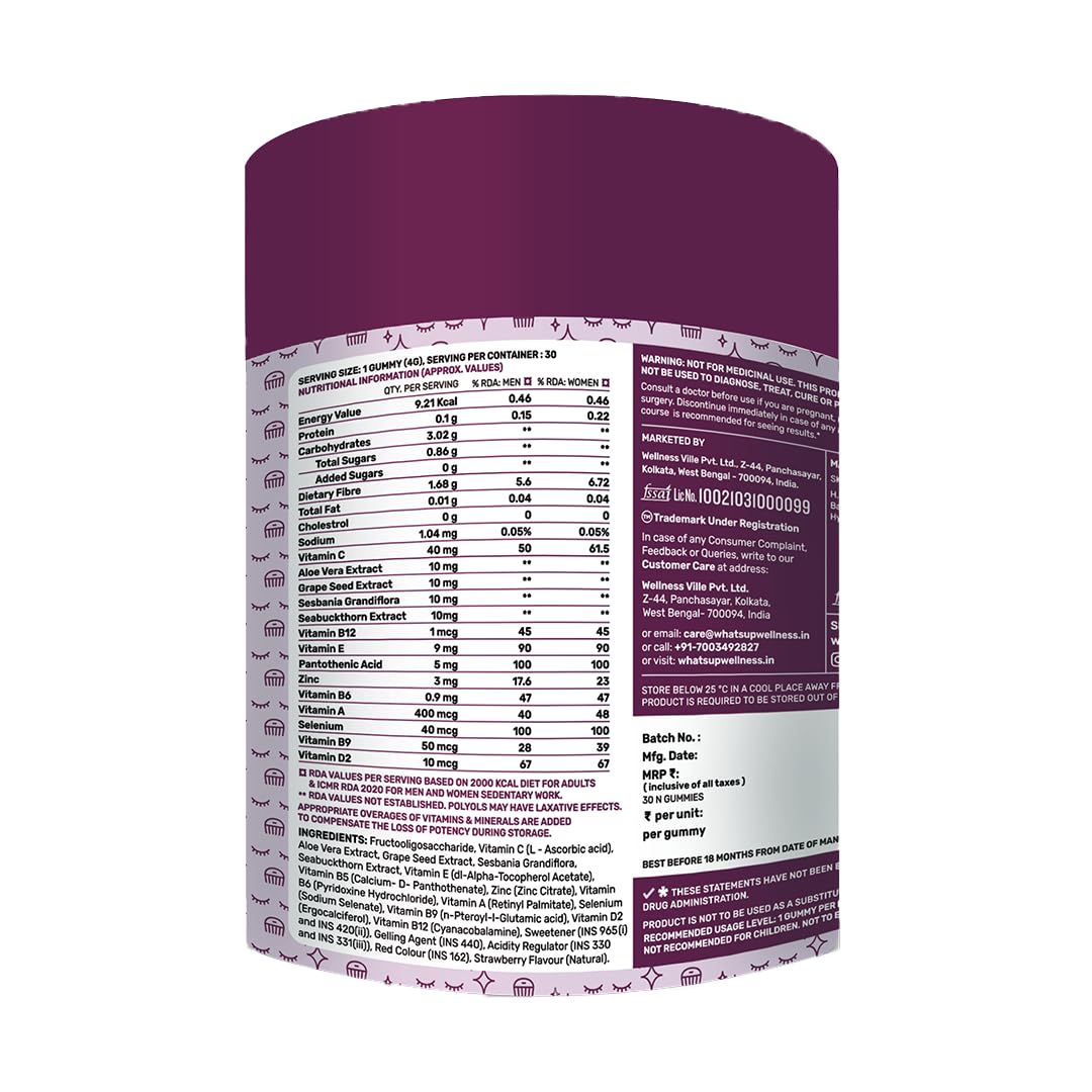 What's Up Wellness Beauty Hair Gummies for Hair Growth, Glowing Skin & Nails | No Added Sugar | Zinc, Folic Acid, Multivitamins | For Men & Women | Natural Biotin Supplement – 30 Days