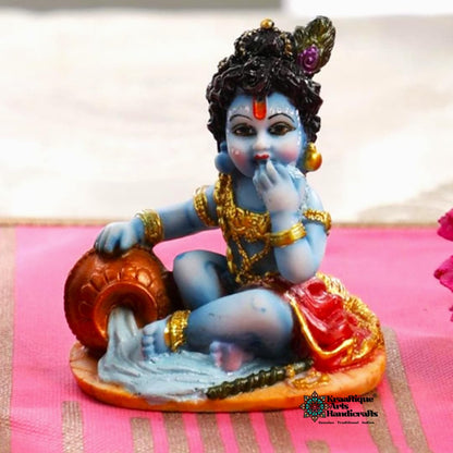 Bal Krishna Makhan Chor Idol 4 Inch | Kanha Ji Murti Marble Dust Statue | Bal Gopal Thakur Ji for Home Temple, Pooja Mandir Decor | Janmashtami Gift & Housewarming Decoration