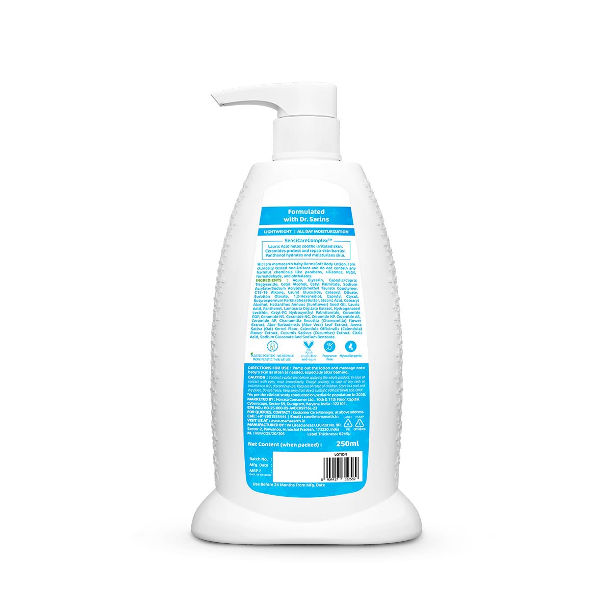 Mamaearth Baby DermaSoft Body Lotion with SensiCareComplex™ for Baby's Sensitive Skin - 250 ml | Co-created with Dermatologists for Newborns | Enriched with SensiCareComplex™ for Baby's Sensitive Skin | Safe and Non-irritant formula* | Fragrance-Free